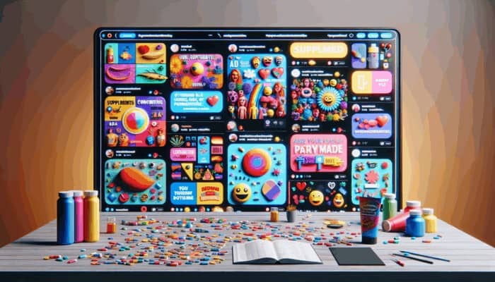 A vibrant social media interface with humorous supplement ads, witty slogans, animations, and memes.