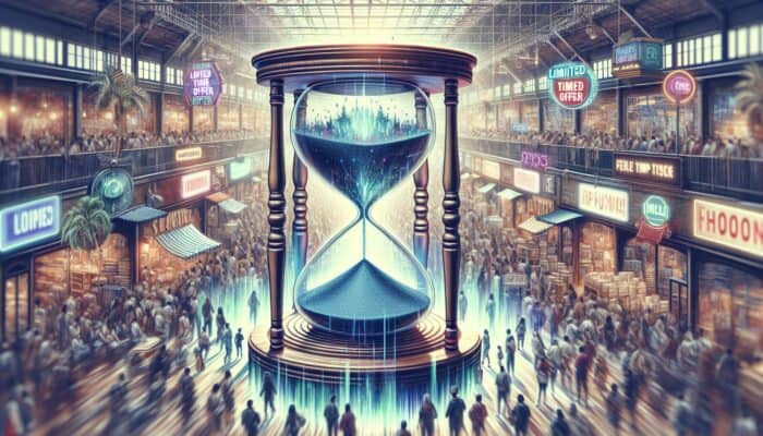 A bustling marketplace with a "Limited Time Offer!" sign and a countdown timer, illustrating urgency and FOMO.