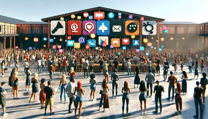 Influencers and brands in a vibrant marketplace, boosting visibility with diverse crowds and colorful logos.
