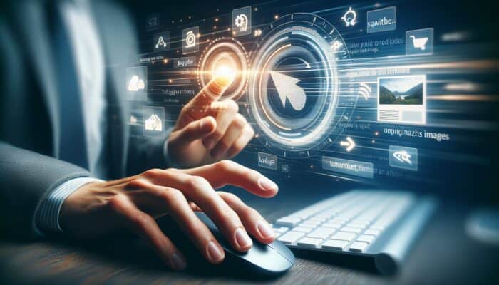How to Optimize Blog Images for SEO: A user clicking on a blog post with fast-loading, optimized images on a modern digital interface.