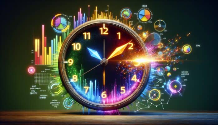 A clock face with graphs showing peak ad performance times and engagement spikes in vibrant colors.