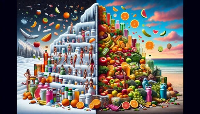 A dynamic calendar displaying seasonal trends with visuals of winter vitamins and summer weight-loss supplements.