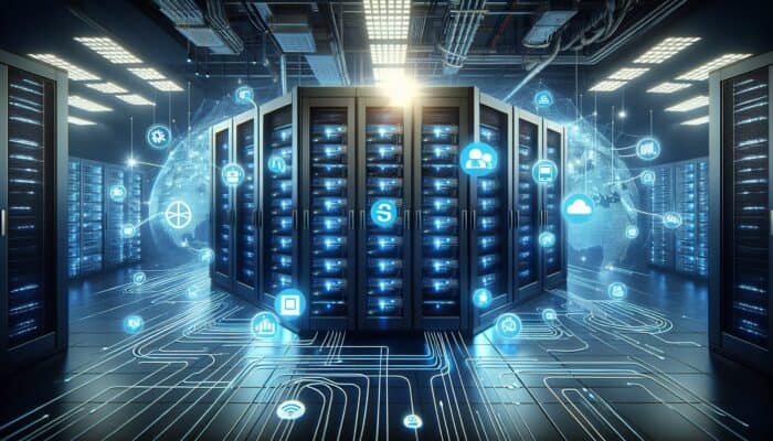How to Create E-Commerce Hosting Content: A modern server room with blue lights, showcasing e-commerce platforms like Shopify, WooCommerce, and Magento connected globally.