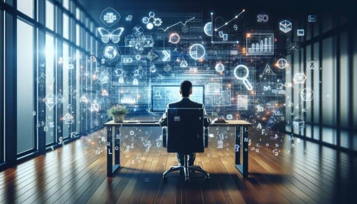 Person analyzing SEO data on computer, surrounded by keywords and graphs in modern office.