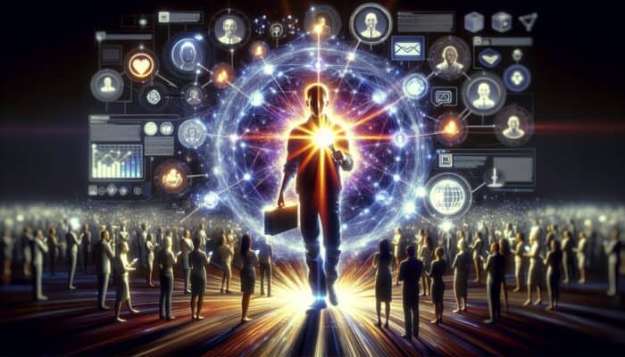 A charismatic influencer surrounded by social media icons engages an audience, boosting brand visibility in an e-commerce setting.