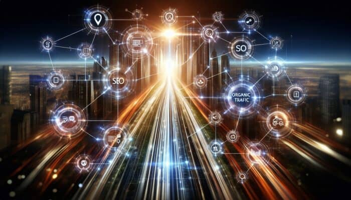 A digital roadmap with glowing nodes for SEO goals against a futuristic cityscape.