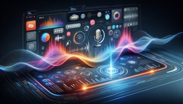 Optimizing for Voice Search with NLP Techniques: Sleek digital interface with voice search icons, sound waves, and abstract data streams.