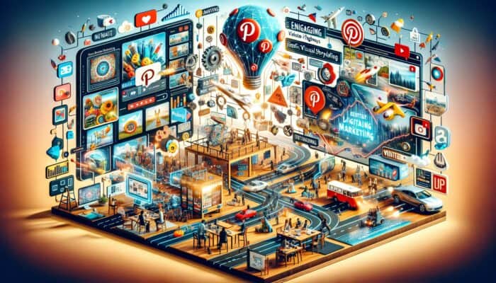 How to Use Pinterest Video Pins for Traffic: Vibrant digital marketing scene with Pinterest Video Pins showcasing products, tutorials, and brand stories.