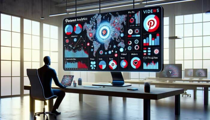 A modern workspace with a screen showing Pinterest Analytics for video pin metrics, a person analyzing data.