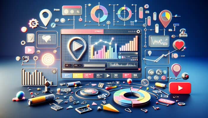 A digital dashboard showing video pin analytics with graphs for views, saves, and click-through rates, alongside vibrant video thumbnails.