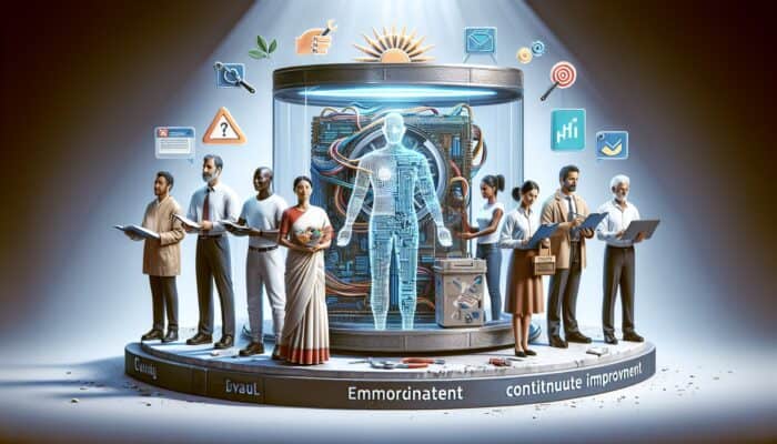 A transparent machine with visible circuits, surrounded by diverse figures, data privacy shields, and empowerment tools, under a banner of continuous improvement.