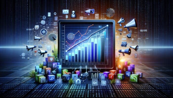 How to Optimize Hosting Ad Copy for CTR: A digital screen showing a graph of click-through rates for various ad campaigns, with binary code and marketing icons in the background.