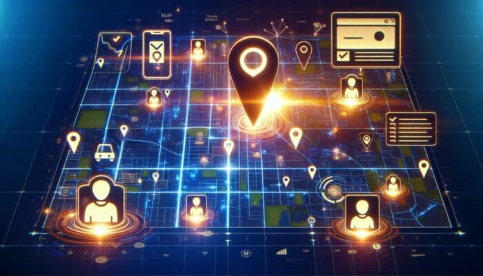 A digital map with search pins and smartphone icons illustrating the impact of local SEO.
