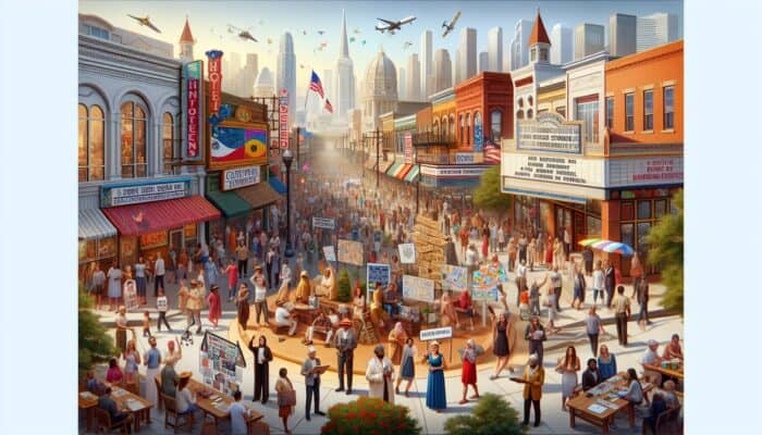 How to Create Location-Specific Content: A vibrant collage of local landmarks, cultural symbols, seasonal festivities, and community engagement with tailored promotions.