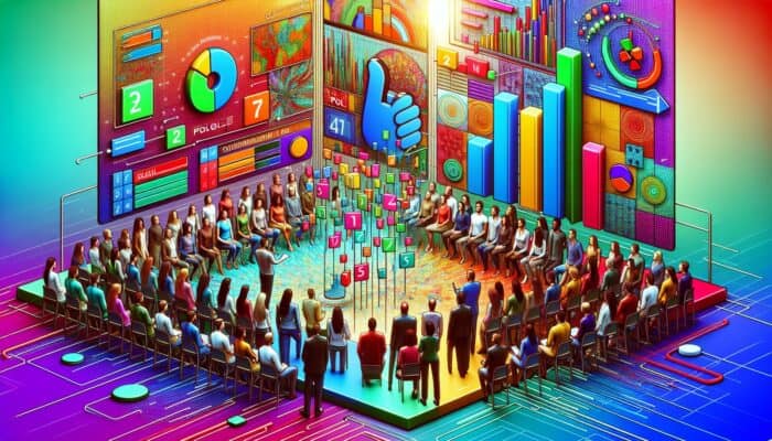 A colorful LinkedIn poll on a vibrant interface, surrounded by diverse professionals engaging with graphs and images.