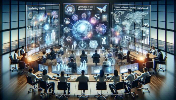 A diverse marketing team collaborates in a futuristic office around holographic AI interfaces to optimize workflows and boost productivity.