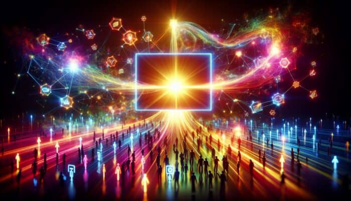 Best Strategies For Video Backlinks: A glowing video screen displays engaging content with radiant backlink webs connecting to multiple websites, symbolizing audience expansion and interaction.