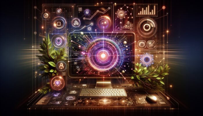 How to Repurpose Blog Posts for Social Media: A vibrant digital workspace with a glowing screen showing a blog post, social media icons, evergreen leaves, and rising graphs.