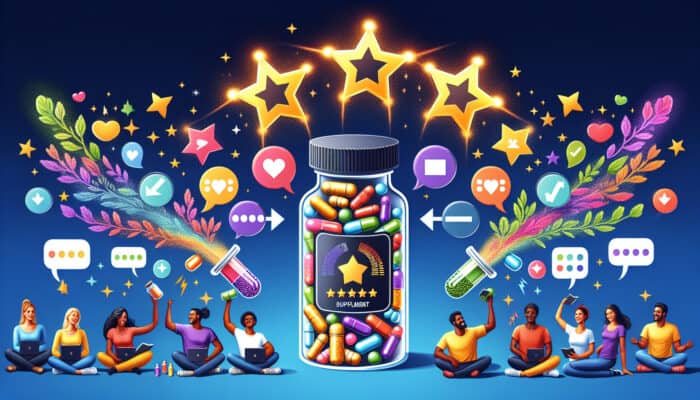Digital illustration of feedback stars and speech bubbles transforming a basic e-commerce site into a modern supplement platform with colorful vitamins and interactive charts.