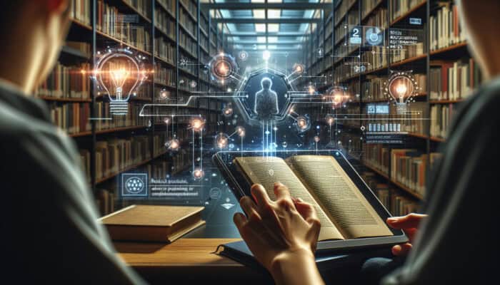 A focused reader in a modern library scrolls a tablet with a lengthy article, holographic graphs showing rising retention rates, and engagement symbols like light bulbs.