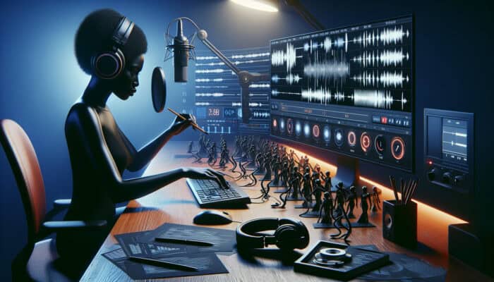 Audio editor in a modern studio trimming waveforms on a computer screen, surrounded by headphones, microphones, and video monitors.