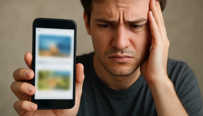 Frustrated viewer scrolls TikTok on smartphone, encountering blurry, irrelevant ad with horizontal layout.