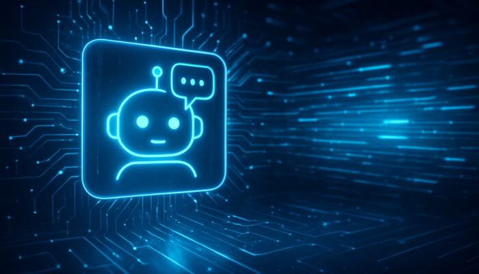 Futuristic AI chatbot interface with glowing neon circuits and data streams processing queries efficiently.