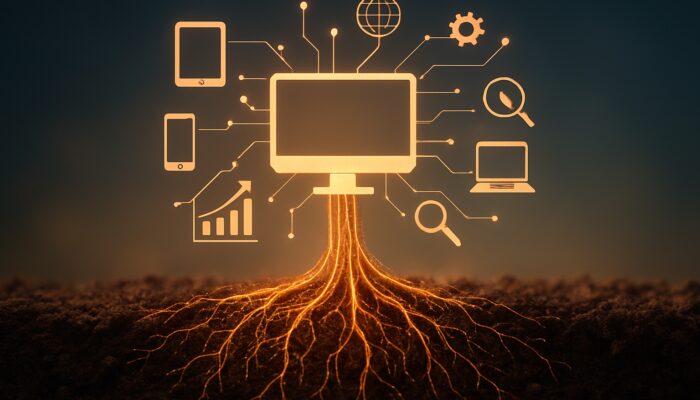 Digital foundation emerging from soil, with code roots branching to interconnected devices symbolizing SEO growth.