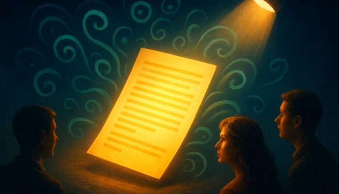 Glowing press release with swirling SEO keywords attracting journalists and readers under spotlight for media visibility