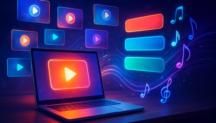Marketers testing floating video thumbnails, bold CTAs, and swirling musical notes on glowing digital screens.