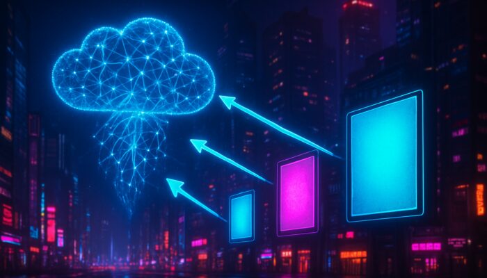 AI neural web scanning user data clouds to target ads in neon cityscape