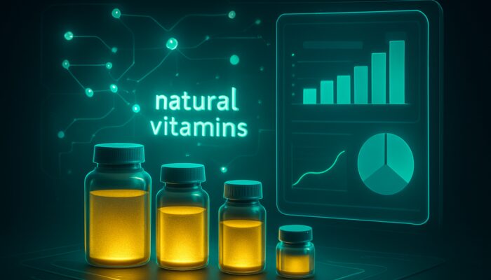 Futuristic Amazon dashboard with glowing supplement bottles, floating keywords, and teal-gold metrics charts.