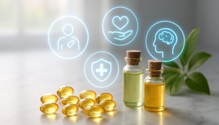 Golden supplement capsules with herbal vials and holographic health benefit icons on marble in serene studio
