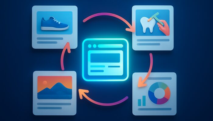 Vibrant digital scene of e-commerce formats circling glowing website icon with backlink arrows.