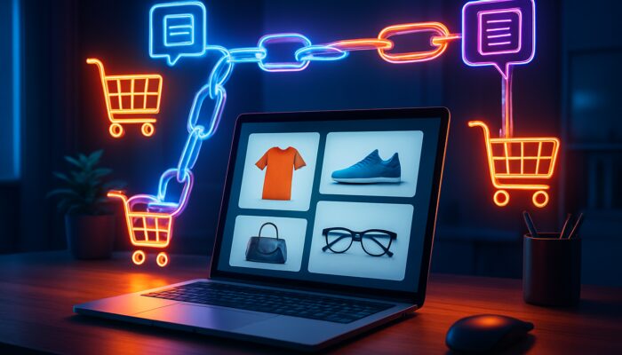 Modern e-commerce workspace with laptop showing product pages linked by glowing backlinks to blogs.