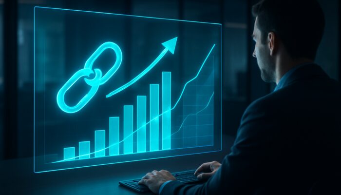 Holographic dashboard showing rising backlinks, referral traffic, and search rankings.