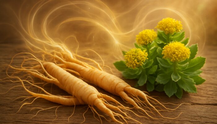 Ginseng roots and rhodiola flowers on rustic table with golden sunlight and energy swirls