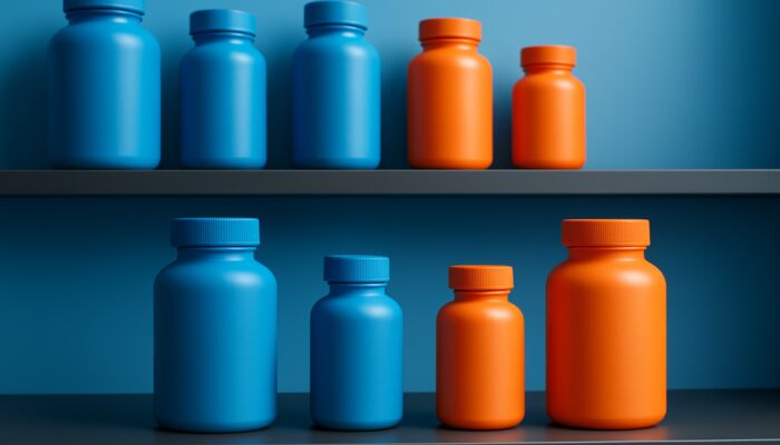 Blue and orange supplement bottles with minimalist packaging on modern shelf.