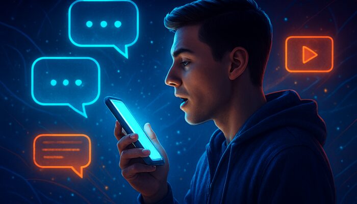 Futuristic digital illustration of user speaking conversational voice search queries into glowing smartphone with speech bubbles.