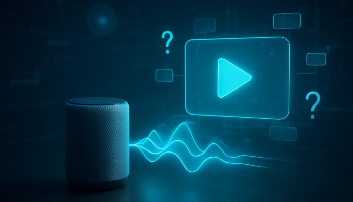 Futuristic smart speaker emitting voice waves to floating screen titled "How Can I Cook Healthy Meals Quickly?"