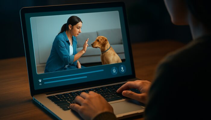 Creator editing dog training video metadata on glowing laptop with title and timestamps.