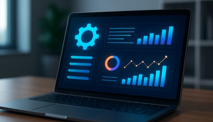 Laptop screen showing Pro Rank Tracker dashboard with SEO charts, graphs, and setup wizard for multiple domains.
