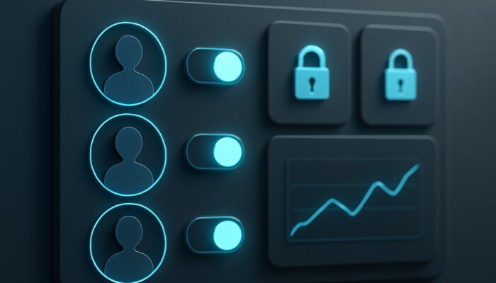 Admin assigning secure team roles via glowing toggles on sleek dashboard with lock icons.