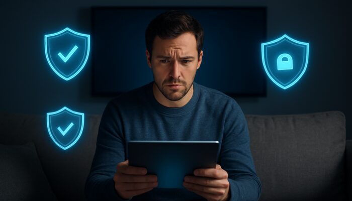 Viewer on couch granting GDPR CCPA consent on glowing tablet with privacy shields for video ad.