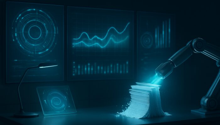 Futuristic workspace showing automated data deletion alongside vibrant real-time analytics dashboards with live user metrics.