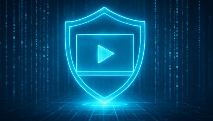 Futuristic holographic video ad shielded by glowing privacy barriers with secure anonymized data streams.