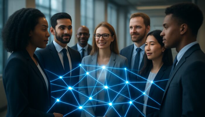 Diverse professionals linked by glowing digital threads in a modern hall, symbolizing collaborative industry associations and growth.