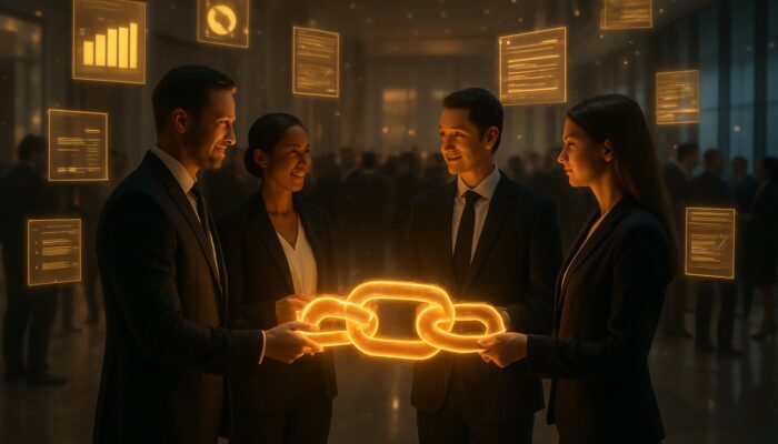 Professional forging golden hyperlinks between executives at industry gala with floating data charts