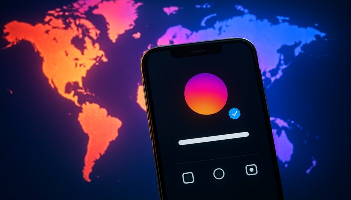 Smartphone screen shows verified Instagram business profile with website link glowing over world map.