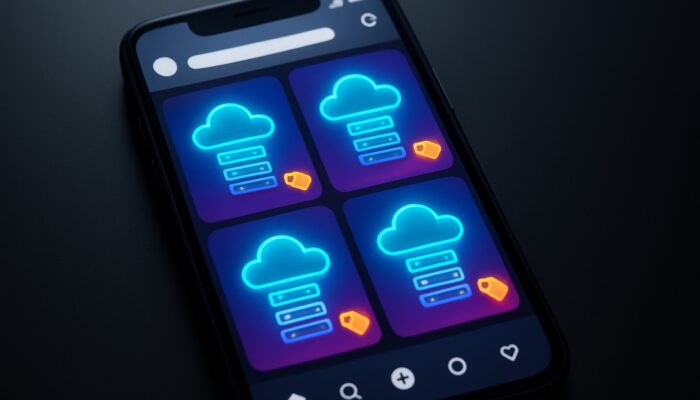 Smartphone displaying Instagram Shopping posts for cloud hosting plans with server icons.
